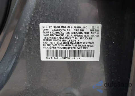 2013 Honda Pilot Lx z USA, uszkodzony, nr VIN 5FNYF4H21DB069690